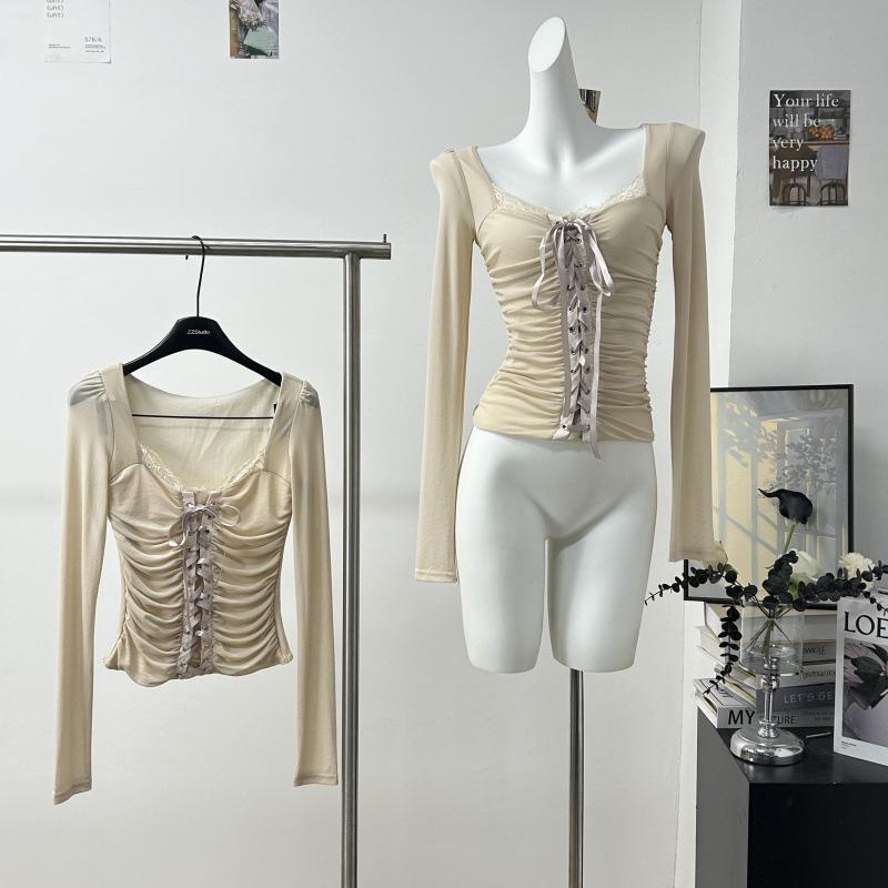 Women s Slim Fit Cross-Strap Mesh Lace Top Small розовый/абрикосовый