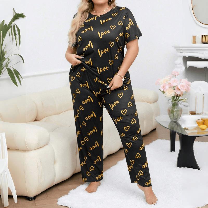 European and American Style Women’s Spring and Summer Pajama Set Plus Size Heart Print Short Sleeve Top and Long Pants Comfortable Loungewear