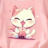 Kids Crewneck Short Sleeve T-Shirt, Cute Cartoon Milk Tea Cat Print Single Top