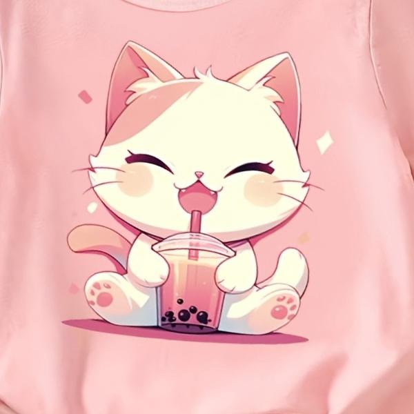 Kids Crewneck Short Sleeve T-Shirt, Cute Cartoon Milk Tea Cat Print Single Top