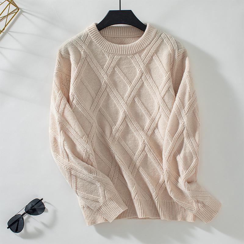 

Drizzle 2026 Autumn/Winter Women s Diamond Knit Pullover Sweater - Loose Fit, Round Neck, European & American Style. S абрикосовый