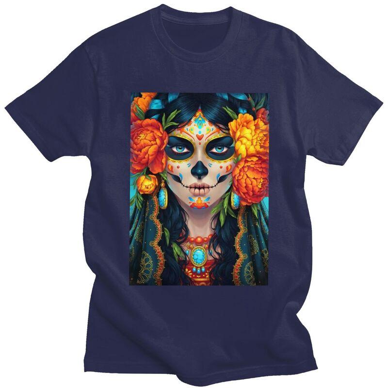 Individuelles Mexikanisches Catrina Zuckerschädel Dame T-Shirt für Herren Reines Baumwoll-T-Shirt Mode-Tee Kurzarm-T-Shirts Schlanke Passform