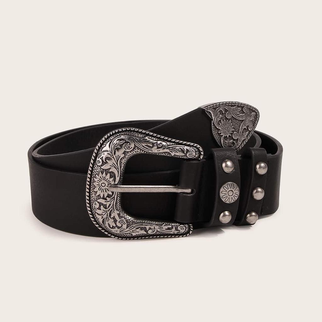 New Women's Retro Carved Western Buckle Double Ring Belt Fashionable and Versatile European and American Women's Belt