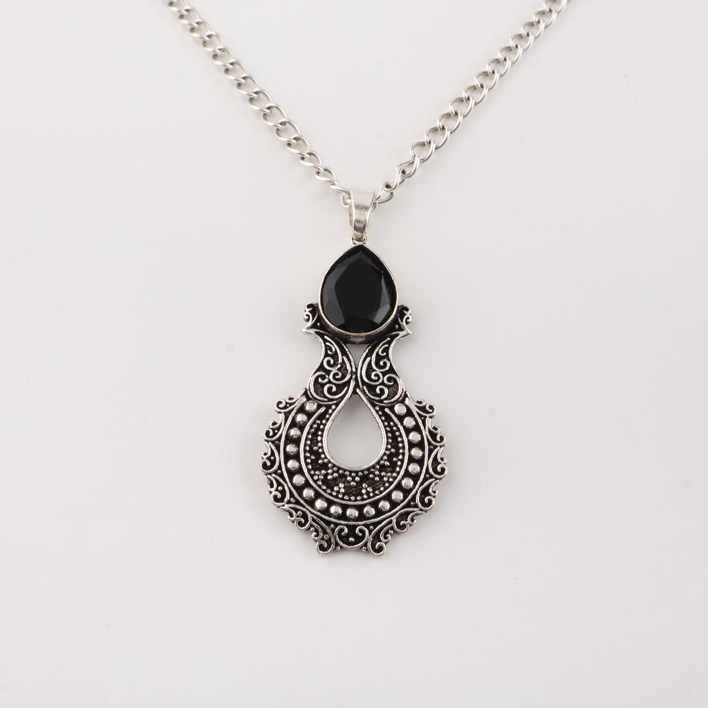Black Onyx Gemstone 925 Sterling Silver Women Jewelry Elegant Pendant 1.8" For Thanksgiving/Anniversary Gift CP-45-18