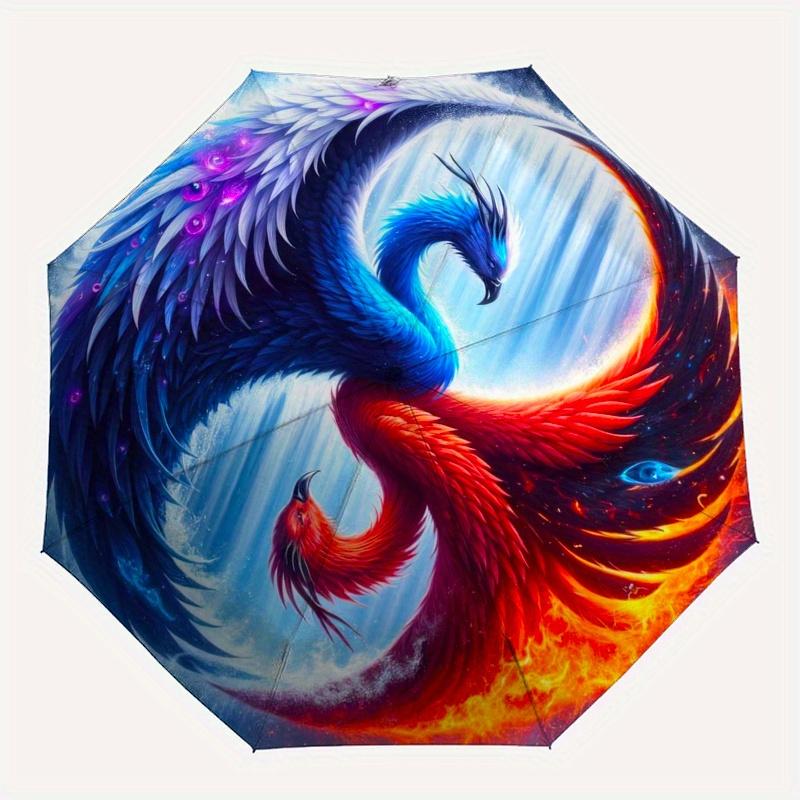 Yin Yang Phoenix Waterfall Art PrintUmbrella, Portable 3-Fold Compact Umbrella for Men & Women Gift