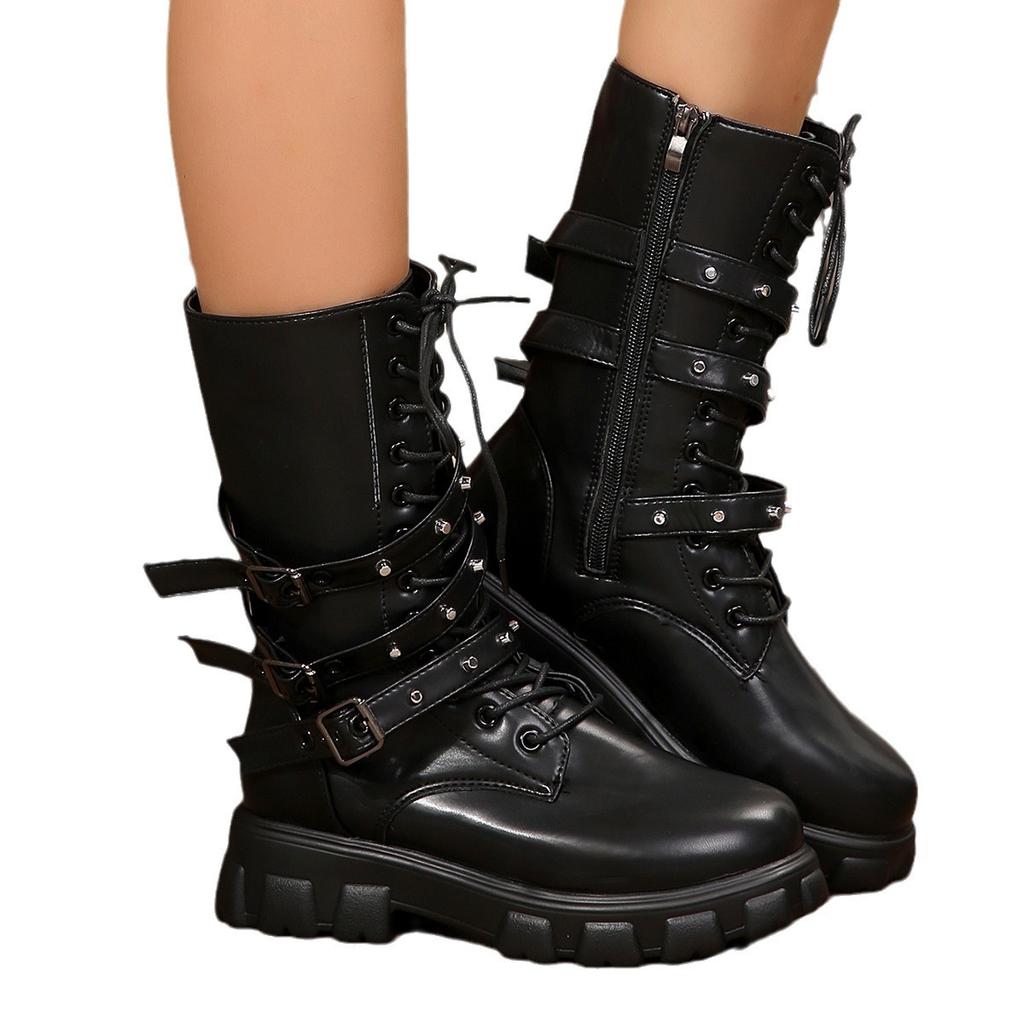 European and American Platform Martin Boots Women's Autumn and Winter New Internet Celebrity Round Head Belt Buckle Locomotive Boots Velvet Women's B