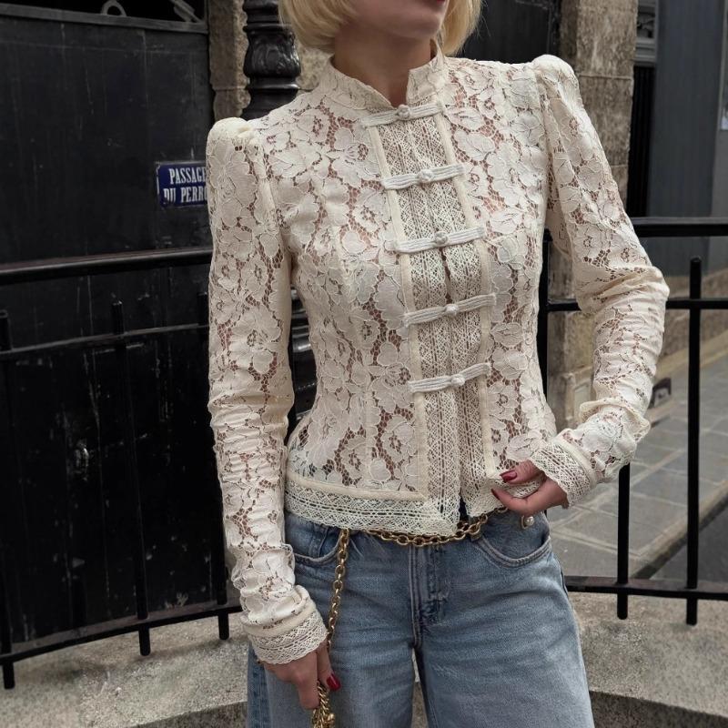 Summer New Women's Top Fashion Temperament Casual Lace Stand-up Collar Slim-fit Shirt