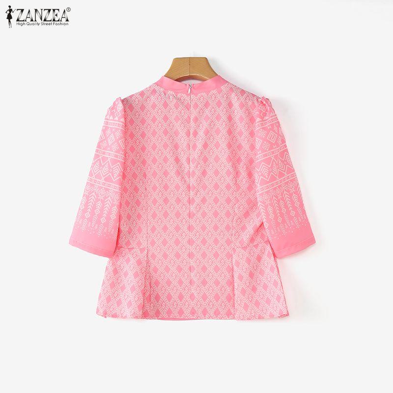 ZANZEA Women Casual Stand Collar Loose Half Sleeve Print Blouse