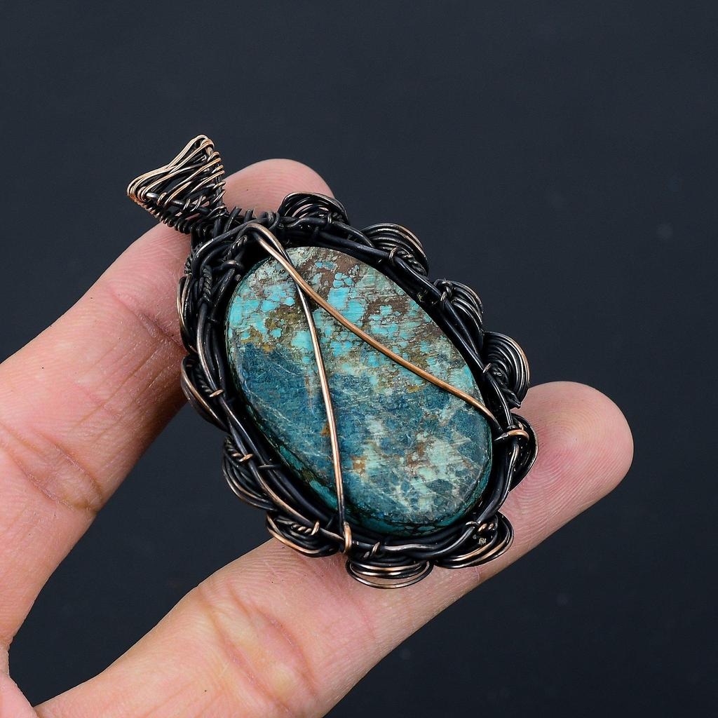 Tibetan Turquoise Gemstone Copper Wire Wrap Handmade Pendant Jewelry Gift For Love