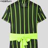 INCERUN Men Short Sleeve Mesh Sheer Patchwork Striped Party Club T-shirts Tops
