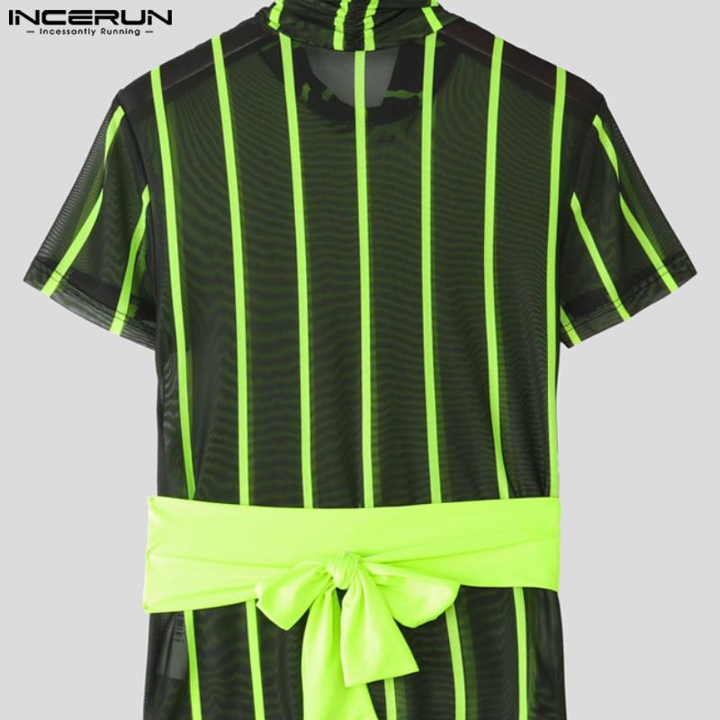 INCERUN Men Short Sleeve Mesh Sheer Patchwork Striped Party Club T-shirts Tops