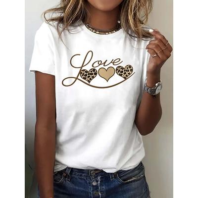 Europese Maat Luipaard Hart Print T-shirt | Korte Mouwen, Ronde Hals, Casual Top voor Vrouw, Trendy Keuze voor Lente en Zomer
