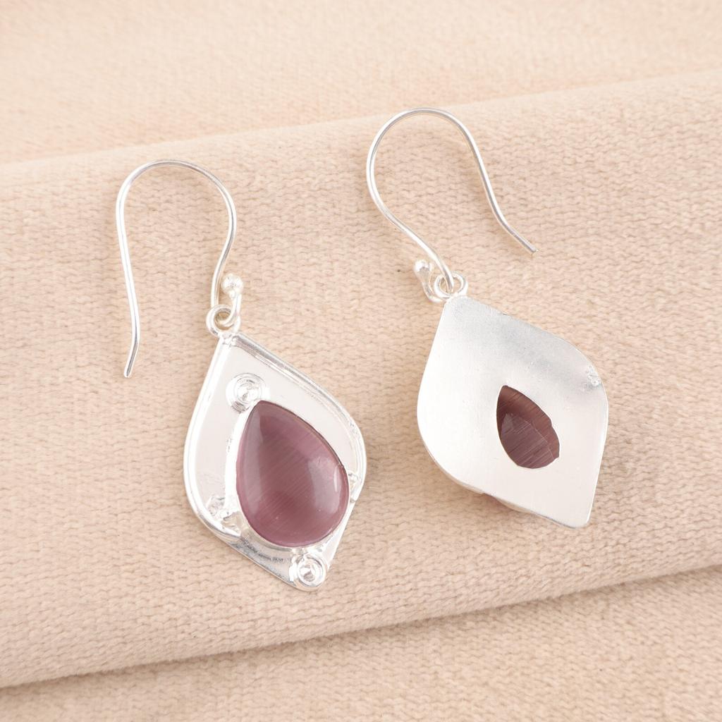 Lila Katzenaugen-Edelstein 925 Gestempeltes Silberschmuck Handgefertigte Ohrringe 1,90" EE-35-45