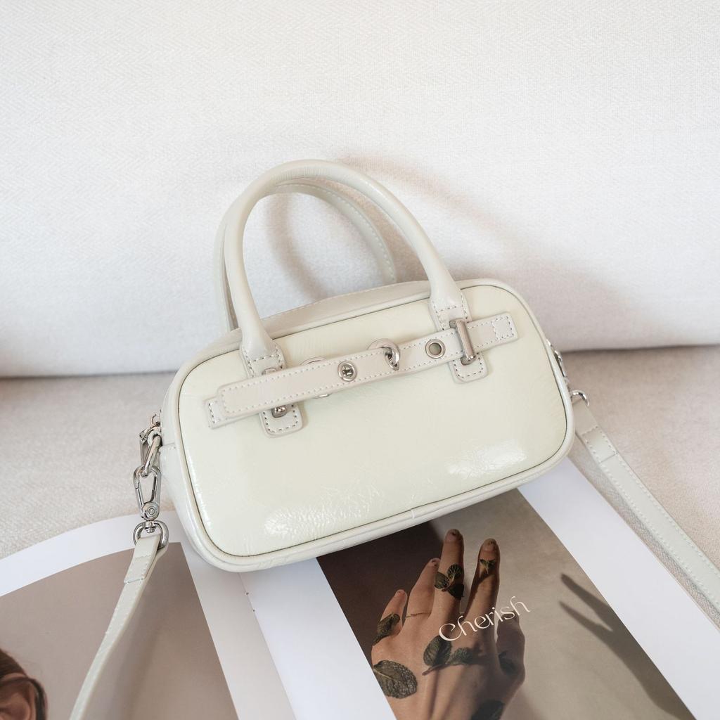 Cowhide Single Shoulder Crossbody Women's Bag, Women's Fashion Generous Pillow Bag Zipper Soft Leather Portable Bright Leather