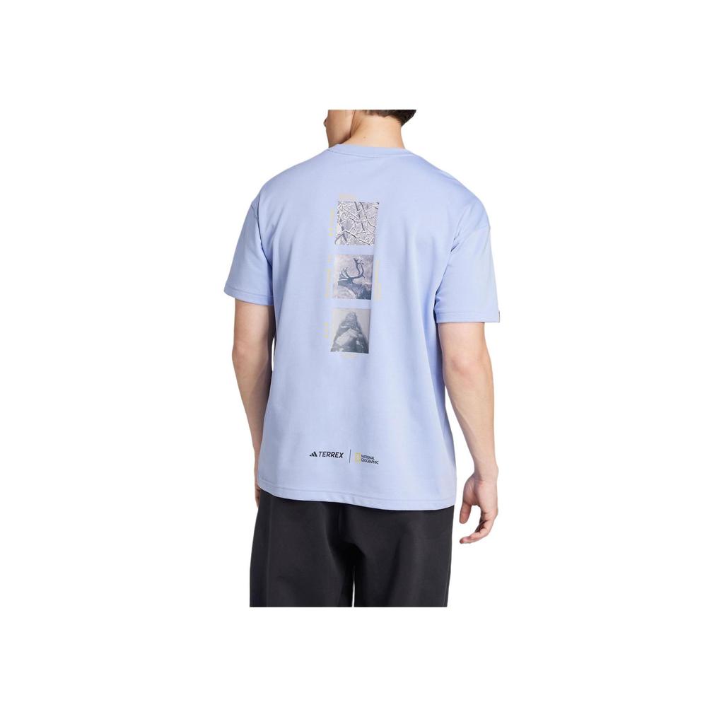 Adidas X National Geographic Graphic Print Quick-Dry Loose Short Sleeve Crew Neck T-Shirt, Unisex Outdoor Casual Tops Light Blue IX5615