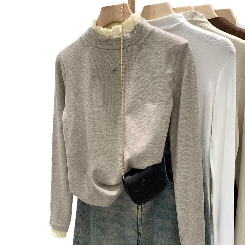 Women's Fleece-Lined Slim Fit Half-High Collar Top - Stylish Autumn/Winter Innerwear