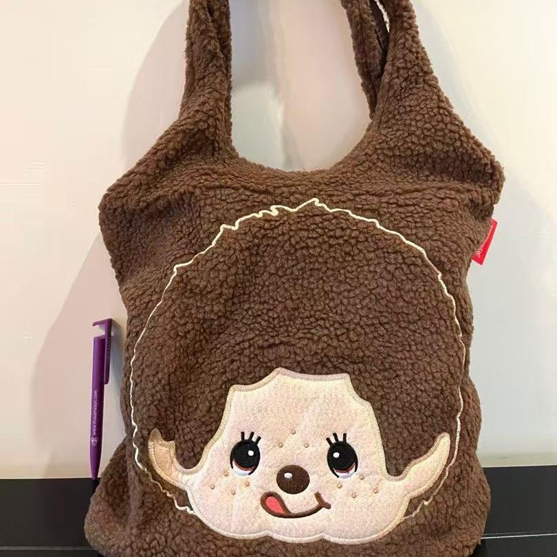 Anime Plush Crossbody Bag With Large Ears Simple Large Capacity Travel Shopping Handbag коричневый