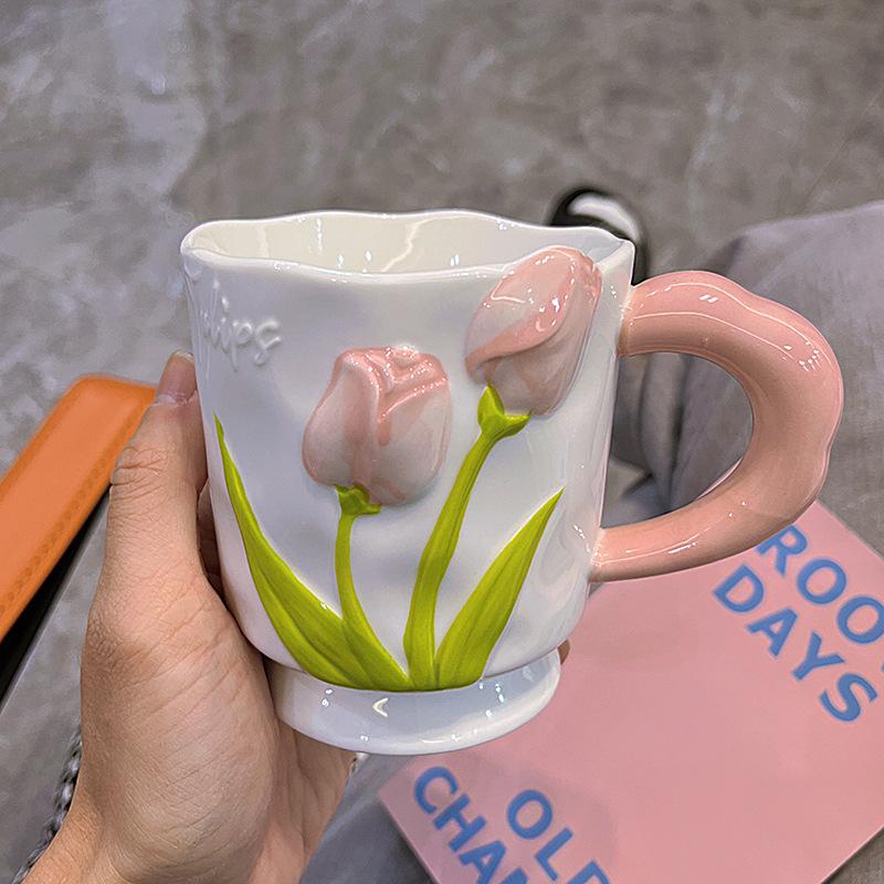 High Value and Light Luxury Tulip Ceramic Cup Creative Flower Girls’ Home Drinking Water Cup Spoon