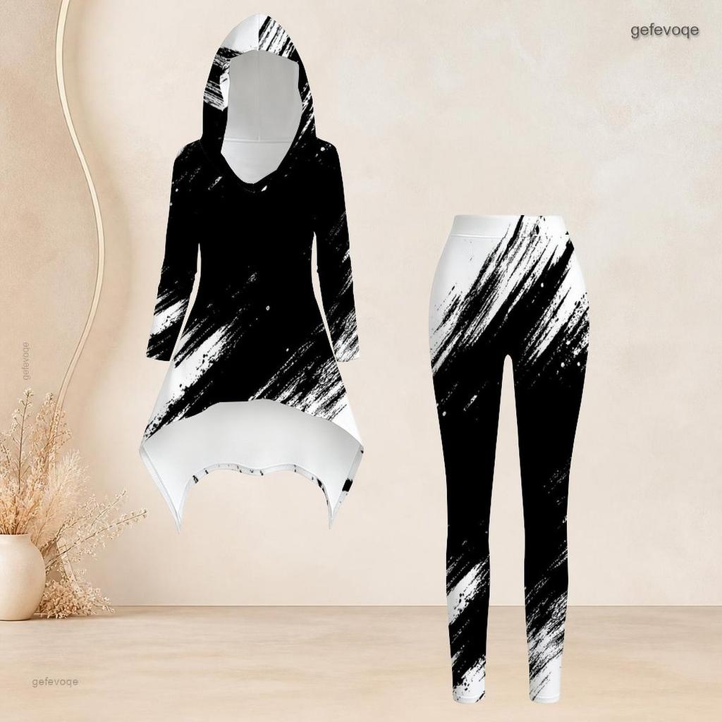 Women Plus Size Two Piece Set Black White Geometric Printed Hooded Long Sleeve High Low Top Fitted Pants