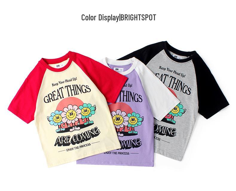 Korean Style Girls' Color Block Raglan Tee - Breathable Summer Short Sleeve Top