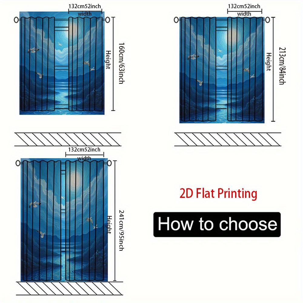 2pcs Blue Night Sky Curtains with Moon & Seagulls Design - Semi-Transparent Polyester   Machine Washable   Grommet Top for Easy