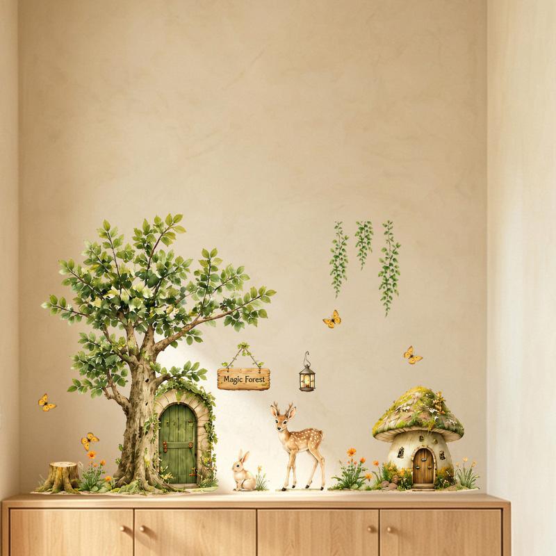 2Pcs Magic Forest Themed Wall Decal With Deer Rabbit Mushroom Designs Easy Peel And Stick For Kids Bedroom Nursery Decor
