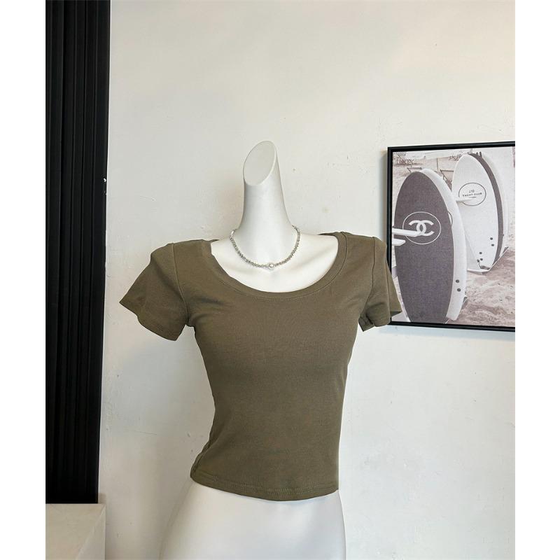 Solid Color Short-sleeved T-shirt for Women In Summer New Low Round Neck Slim Shoulder Slim Collarbone 260g Top New Style