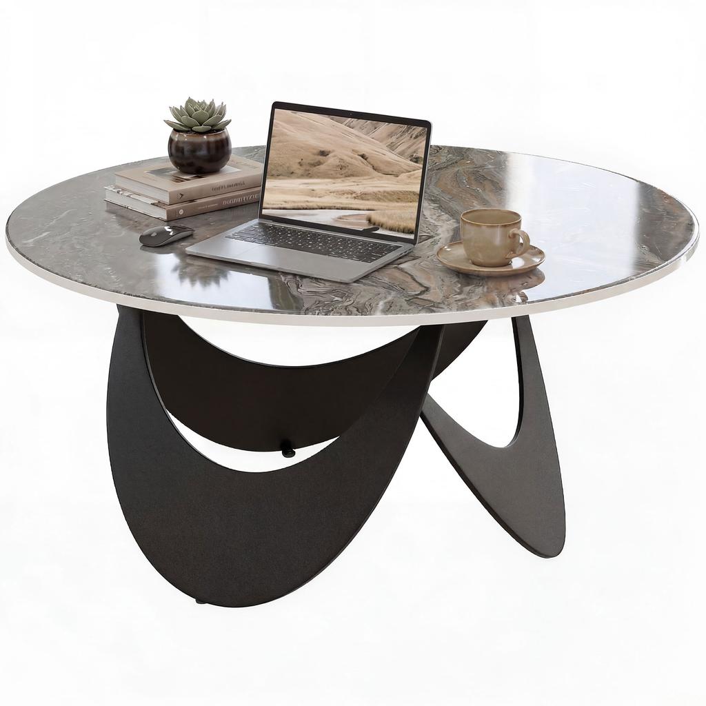 Coffee Table Sintered Stone Top Adjustable Foot Pads Modern Centre Table for Living Room Brown and Black