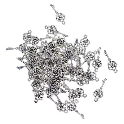 50 Anqitue Silver Filigree Flower Keys Charms Pendant for DIY Jewelry Making