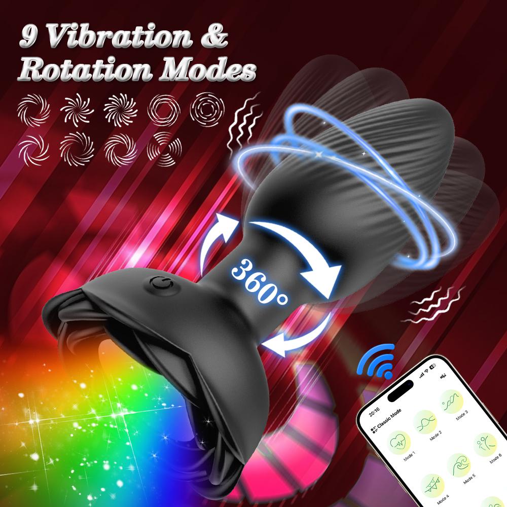 APP 360° Rotation Butt Plug for Men Women Wiggle Rose Anal Vibrator Gay Anal Plug with LED Adult Sex Toy for Couple Sex Supplies