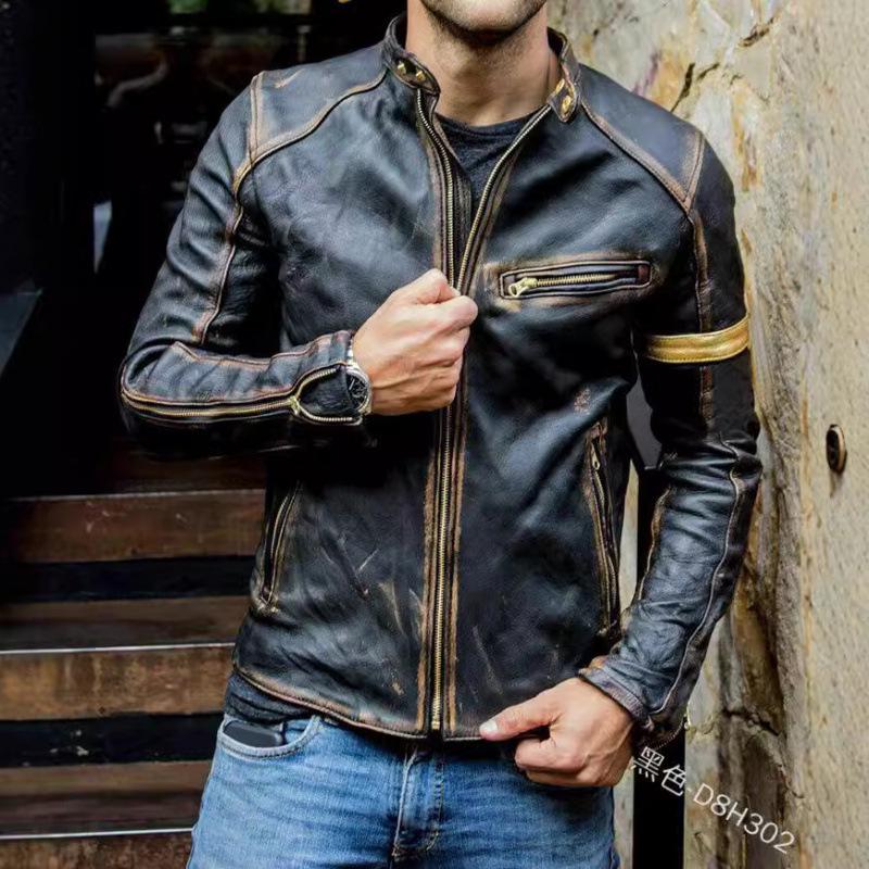 European & American Men's Stand Collar Punk Motorcycle Leather Jacket for Teens and Adults