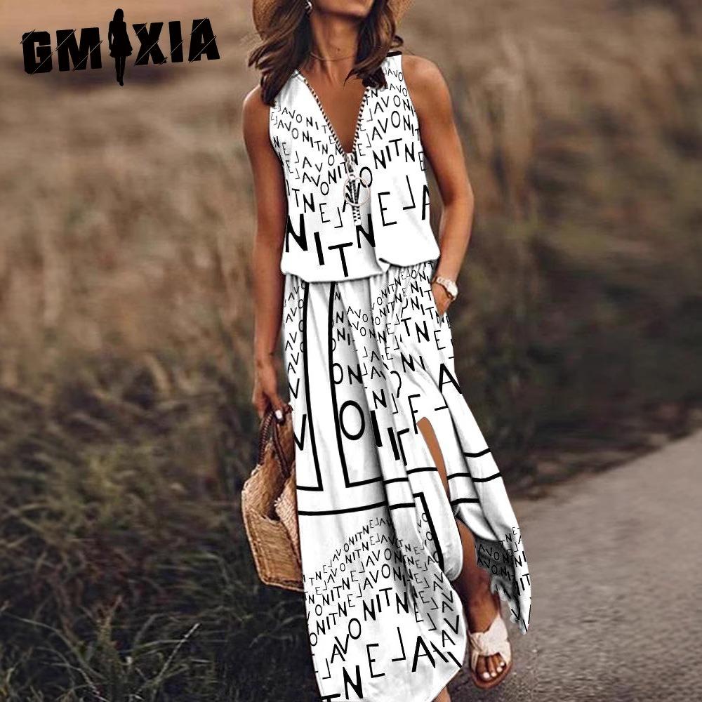 

GMXIA Летнее женское платье длинное без рукавов повседневное женское платье молния принт букв талия M белый