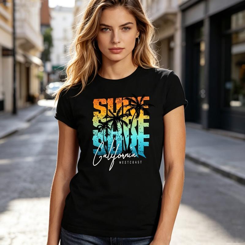 Retro Gradient Surf California West Coast Graphic Tee For Adult Unisex Unisex Trendy Tropical Palm Print Casual Daily Summer