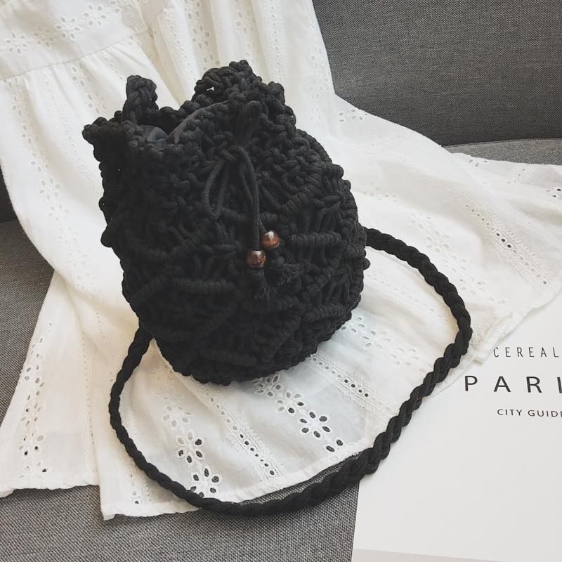 

Yogodlns хлопковая веревочная сумка через плечо для женщин, тканая летняя пляжная сумка через плечо с завязками ручной работы 18x3x20cm чёрный