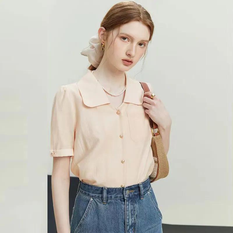 Summer Women Peter Pan Collar Short Sleeve Button Down Chiffon Blouse S розовый