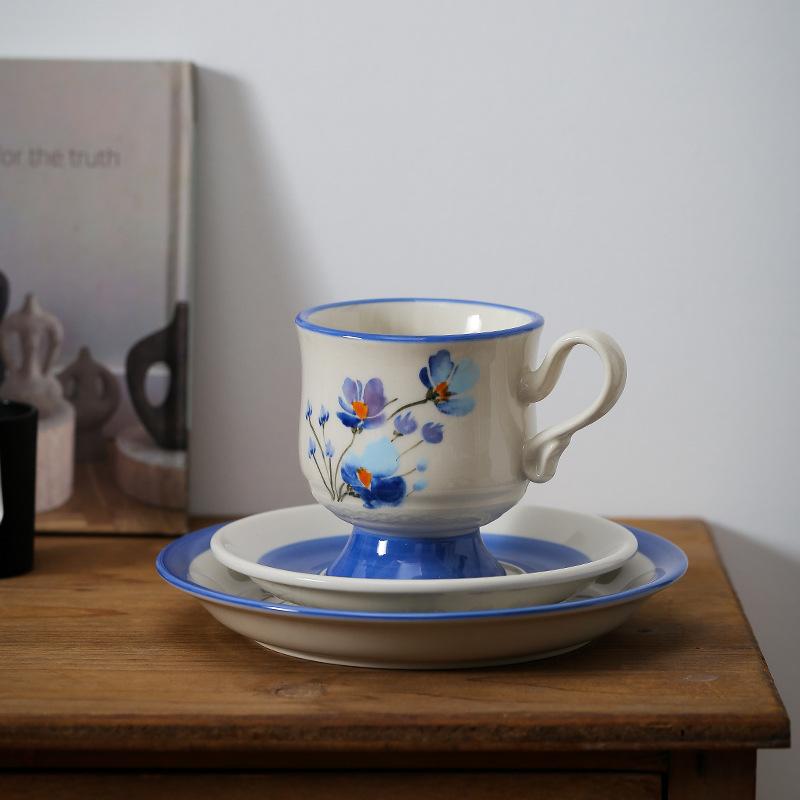 Swedish antique hand-painted blue poppy ceramic coffee cup and saucer set, heavy industry handmade afternoon flower tea water cup