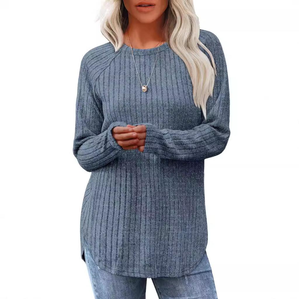 Women Ribbed Knit Long Sleeve Top Crew Neck Curved Hem Casual Fall Blouse