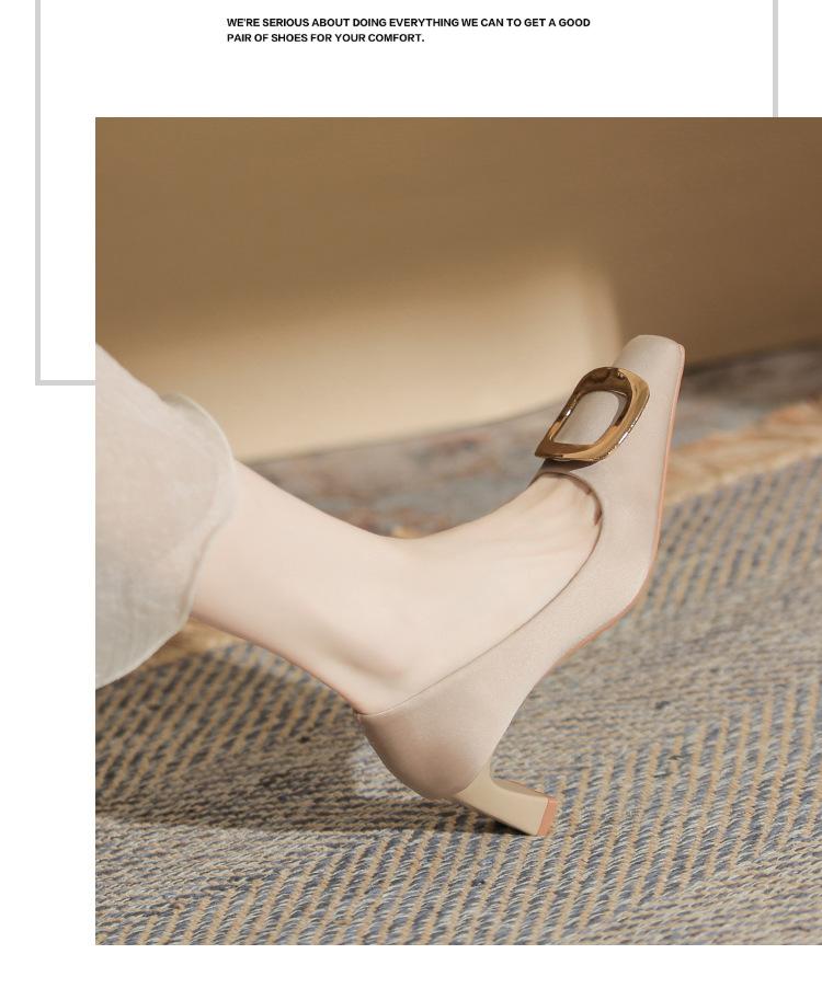76055B Fashion Classic Square Head Thick Heel Women's Single Shoes High Sense Sexy Versatile Square Buckle Women's Single Shoes
