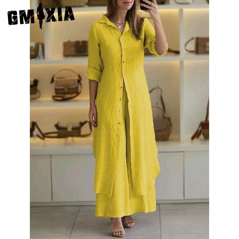 GMXIA Women's Summer, Spring and Autumn Elegant Cotton and Linen Slim Waisted Long-sleeved Wide-legged Trousers Suit