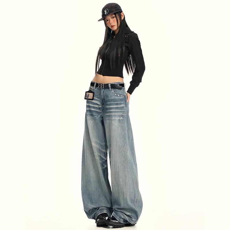Women's Distressed Embroidered Vintage High-Waist Wide-Leg Jeans - Trendy & Slimming