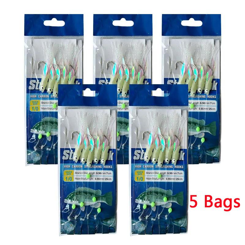 

5 крючков Sabiki Rigs Приманки для морской рыбалки Bait Rigs Настоящая рыбья кожа Нить Крючок Скумбрия Светящиеся в темноте Flash Sabiki Rigs SIZE 3