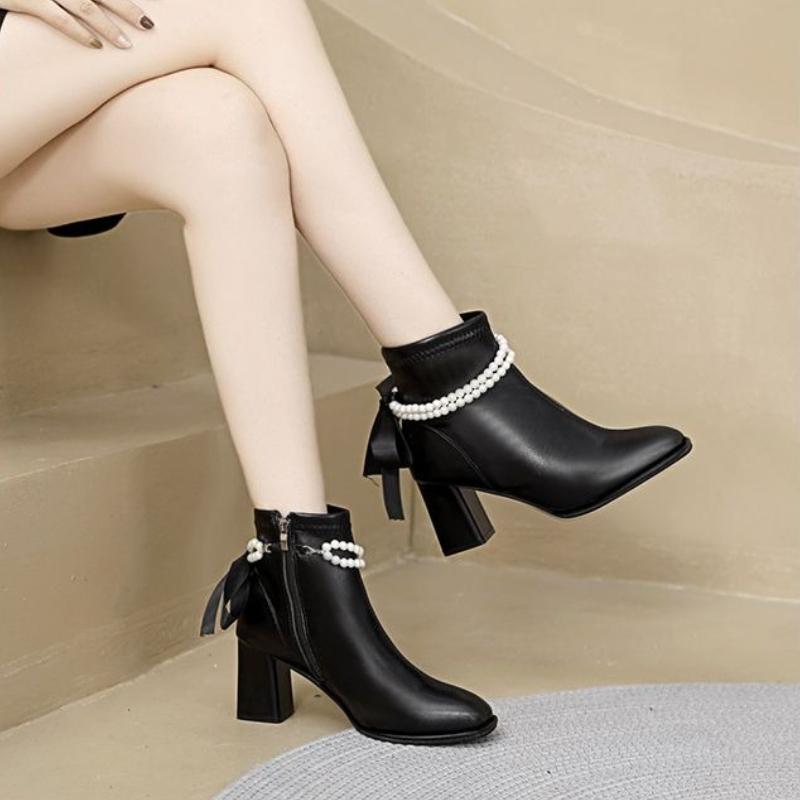 Fashion Heeled Female Short Shoes Square Toe Leather Booties Autumn Winter Designer Luxury New in Chic and Elegant Women's Ankle Boots
