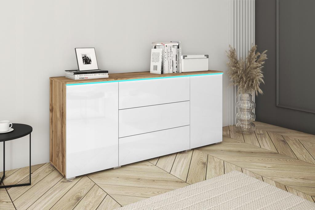 Modern 150cm Chest of Drawers for the Living Room, 3 Drawers, 2 Cabinets, Wotan, White Gloss