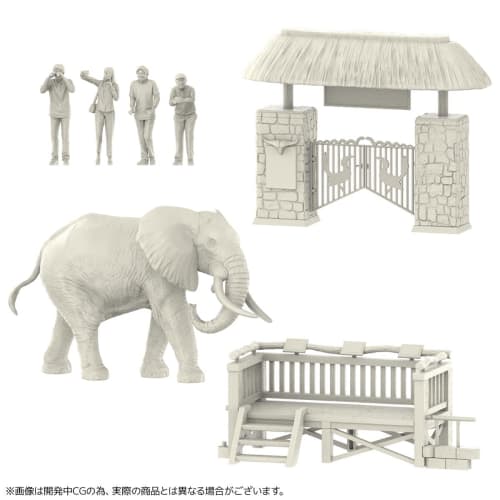 Kaiyodo ART PLA Tourist and African Elephant Set, 1/35 Scale, Unpainted and Unassembled Plastic Model Kit, Molded Color, AP010