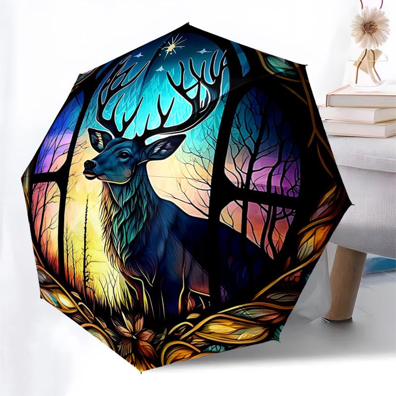 

1pc Stained Glass Deer Design Automatic Opening Folding Umbrella with 8-Bone Iron Frame - Outdoor for Fans, Travelers, Everyday Use - Perfect Gift for