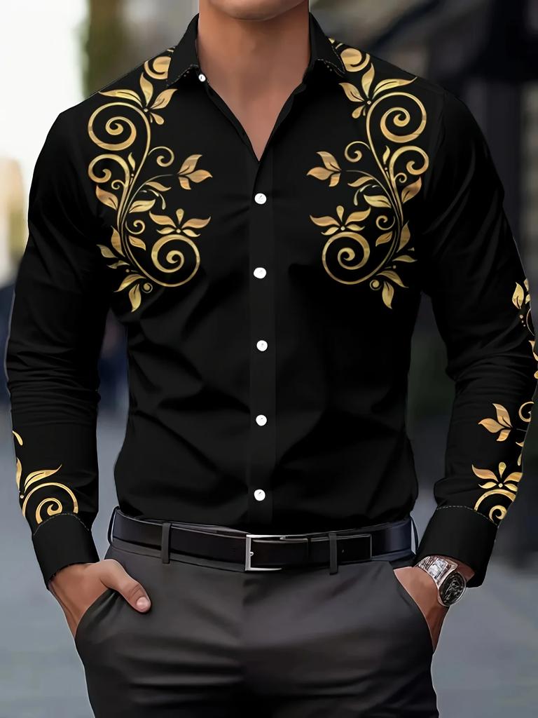 Fashion Stylish Men's Long-Sleeve Shirt with Scroll Pattern