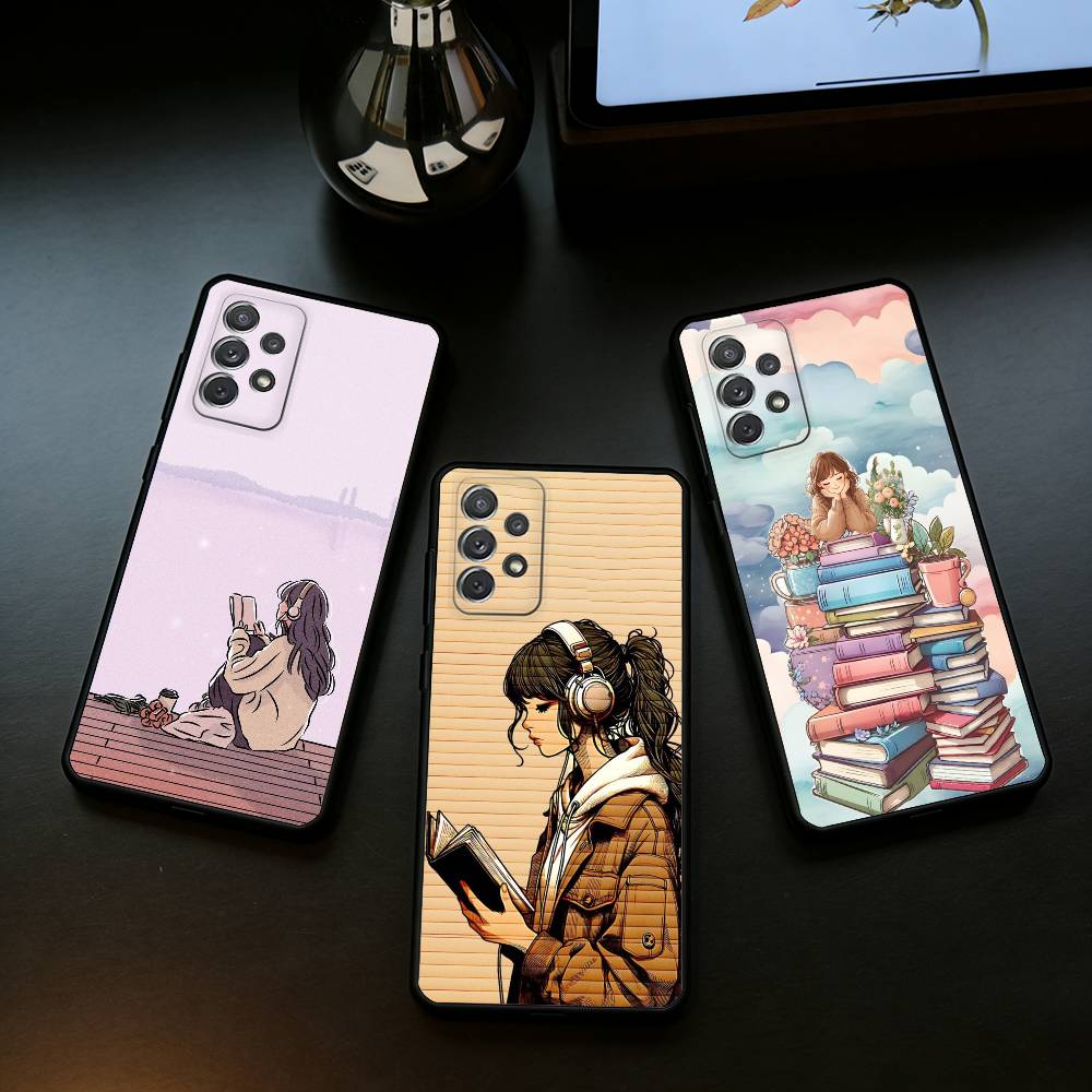 R-Reading B-Books G-Girl Phone Case For Samsung Galaxy A73,A72,A71,A70,A53,A52,A51,Soft Silicone Black Cover