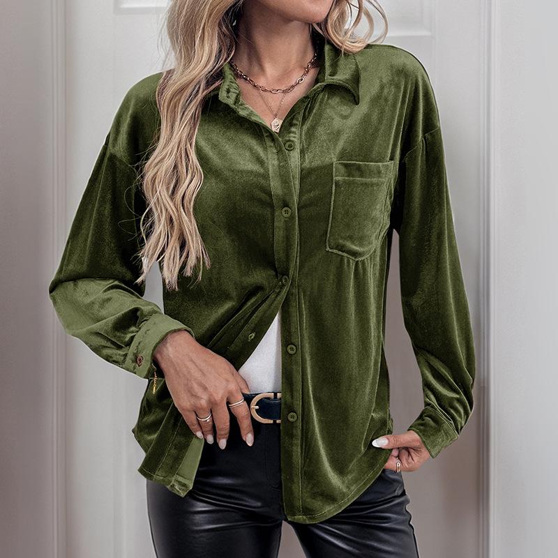 Lapel Collar Shirt Autumn Winter Women Long Sleeved Velvet Cardigan Top