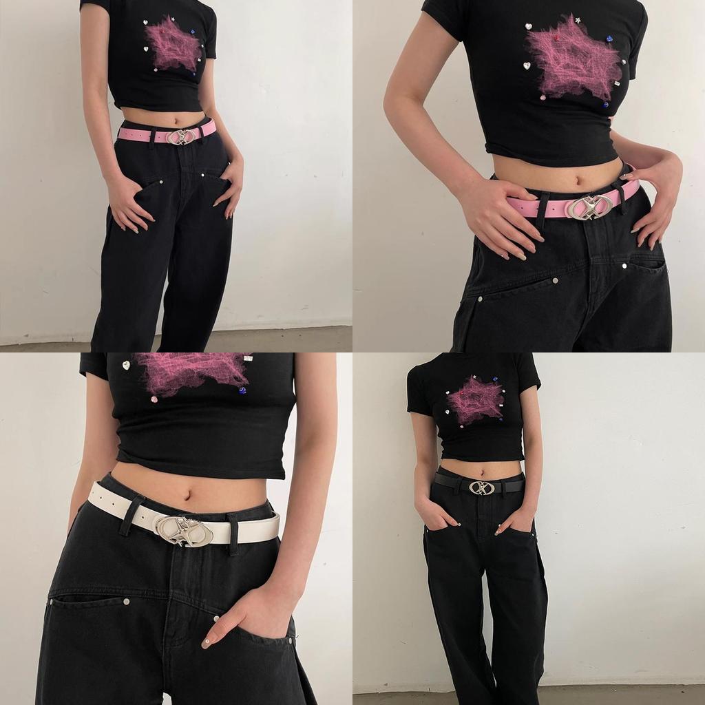 Simple Starry Summer Pink Pu Belt With Alloy Buckle For Women