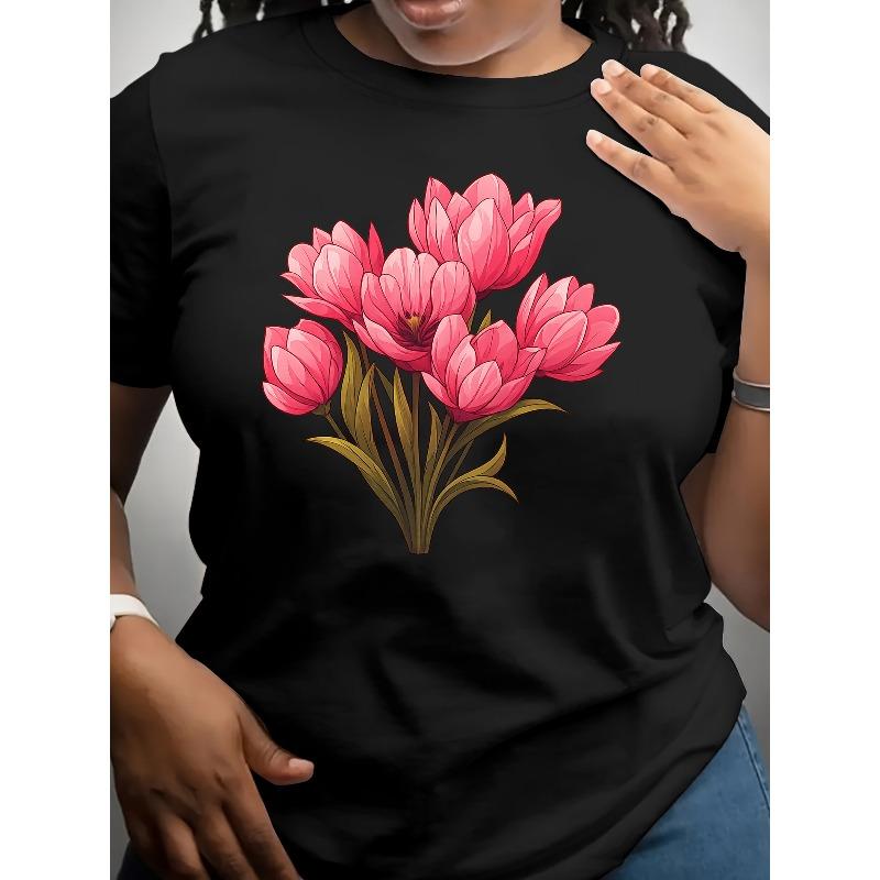 

European size Women S Casual Floral Print Short Sleeve T-Shirt - Vibrant Pink Daisy Design, Round Neck, Medium Stretch, Lightweight Fabric for Spring/ 4XL